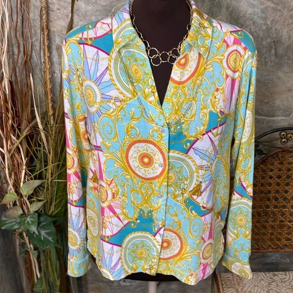 Jane & Delancey 🌹 shirt, top blouse tunic sleeve button collar paisley nautical - Picture 2 of 12